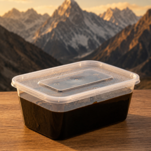Premium Himalayan Shilajit Resin jar with mountain background