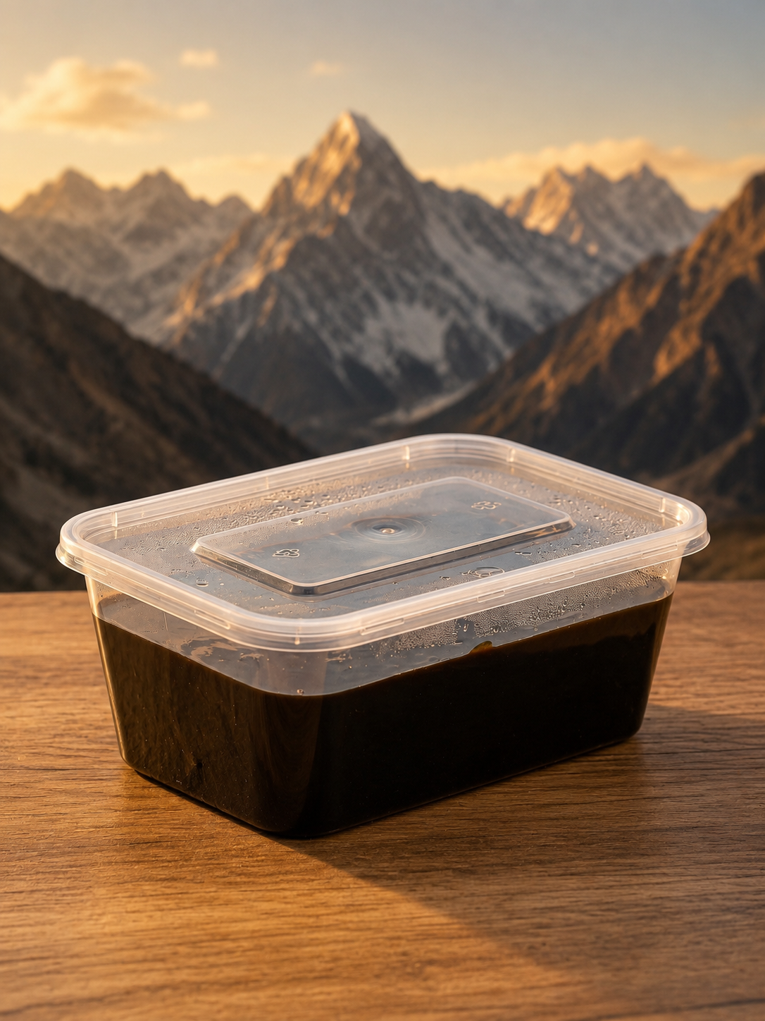 Premium Himalayan Shilajit Resin jar with mountain background