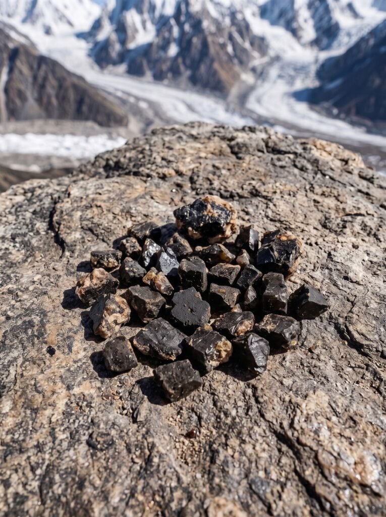Raw Premium Himalayan Shilajit Resin chunks on rock