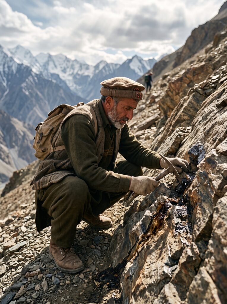 Traditional collection of Premium Himalayan Shilajit Resin in the Karakoram Mountains