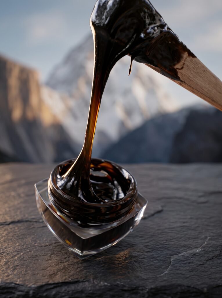 Premium Himalayan Shilajit Resin Flowing into Glass Jar